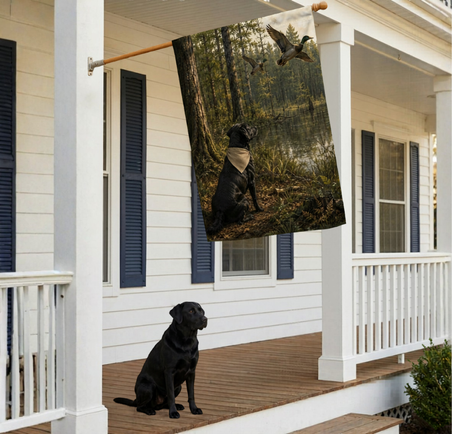 House and Garden Flag featuring a black lab and mallard ducks | Father's Day gifts | Gifts for Him | Labrador Retriever