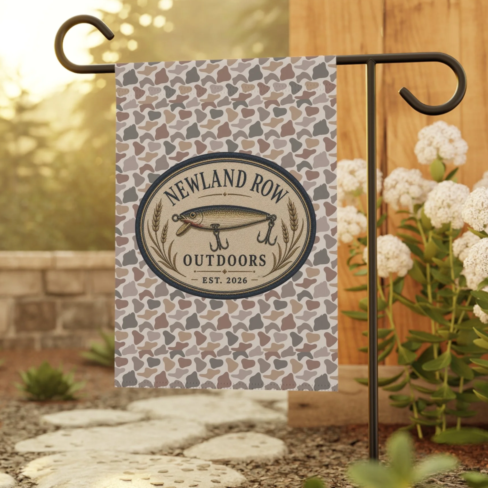 Outdoor Fishing Garden Flag – "Newland Row Outdoors" Vintage Lure Design