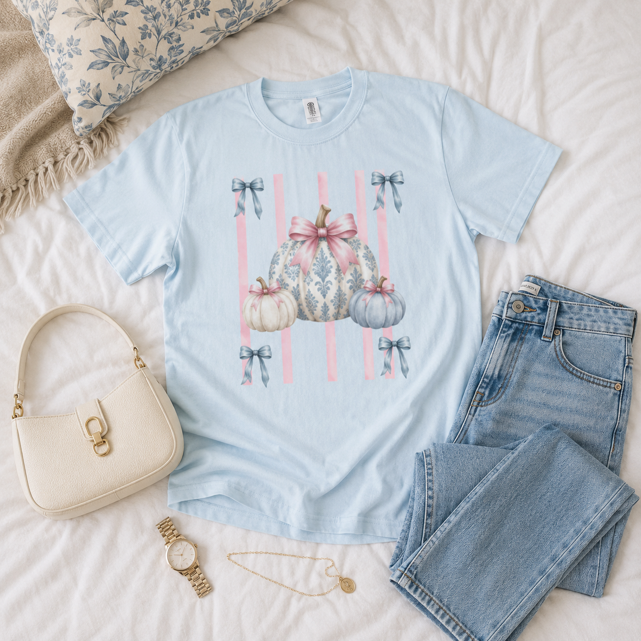Pastel Pumpkin Trio T-shirt | Garment-Dyed Preppy Fall Graphic Tee