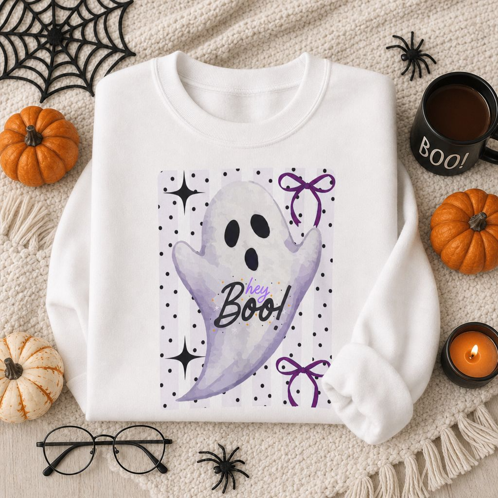 White Crewneck Sweatshirt With Whimsical Ghost Graphic Flat-Lay.png