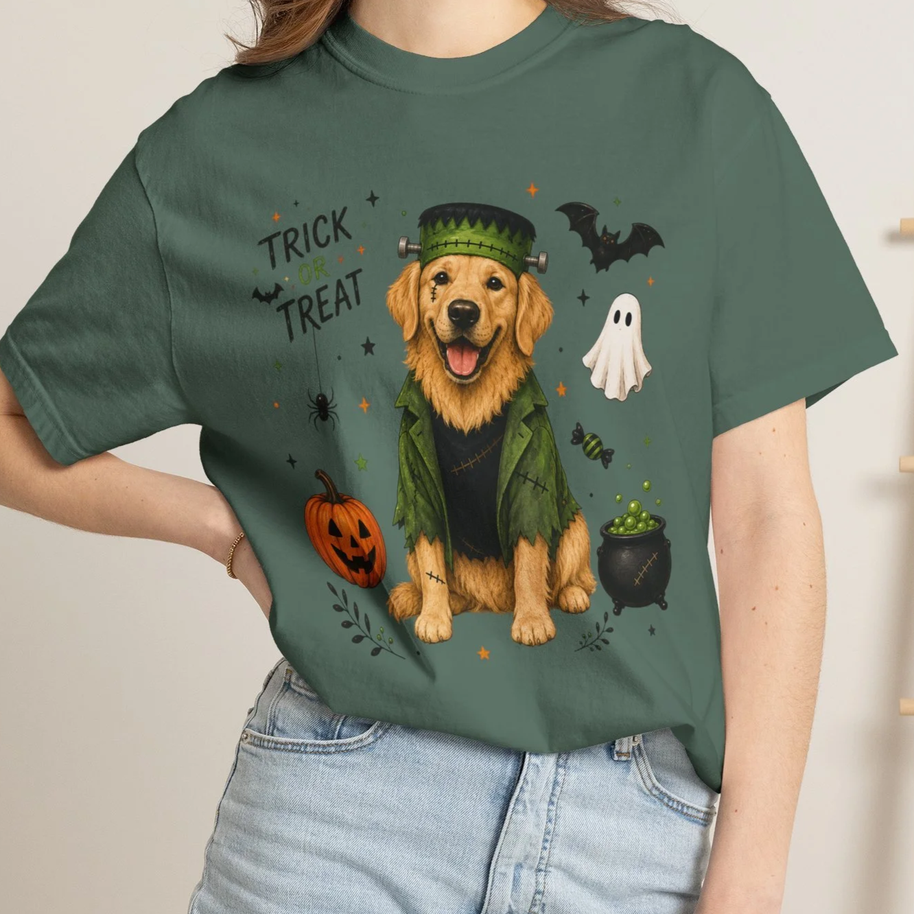Golden Retriever in Frankenstein Costume T-Shirt | Halloween Dog Shirt, Trick or Treat Tee