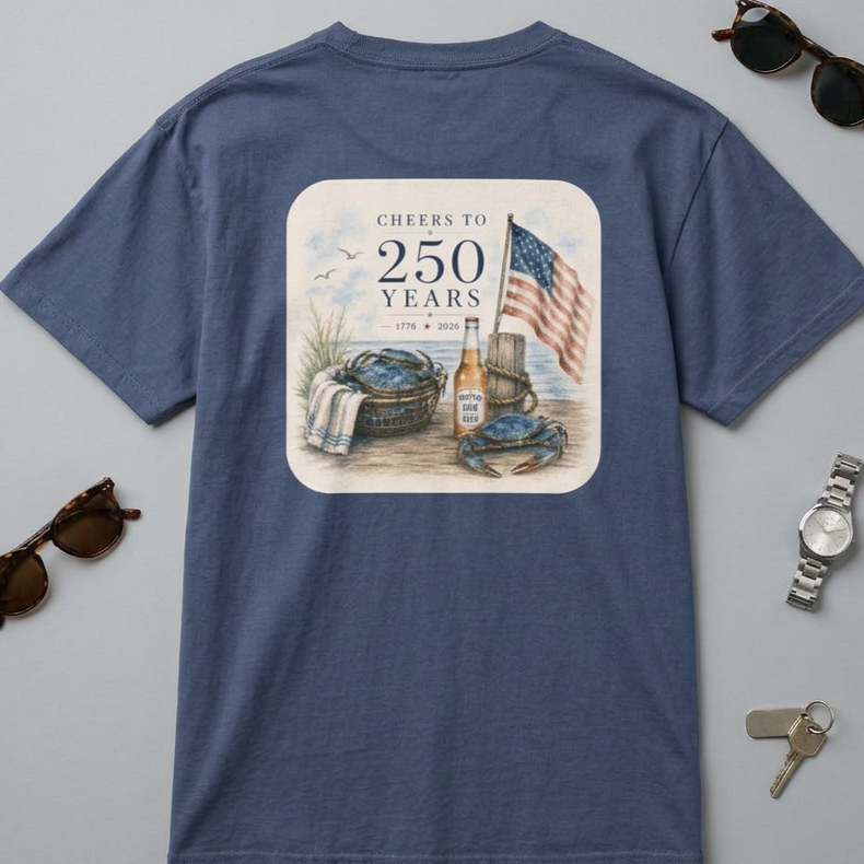 Newland Row 4th of July Pocket T-Shirt — Crabs & "Cheers to 250 Years" Design