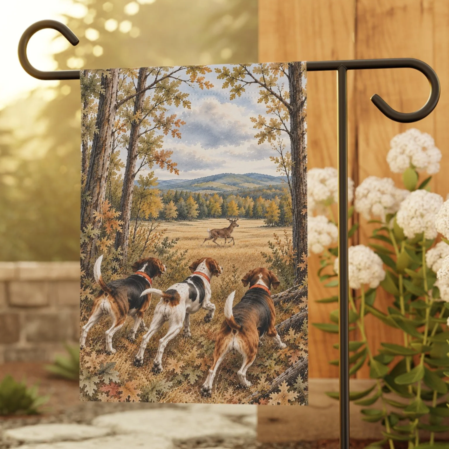 Deer Hunting Hounds Flag | Running Buck Scene Garden Flag | Gift for Deer Hunters