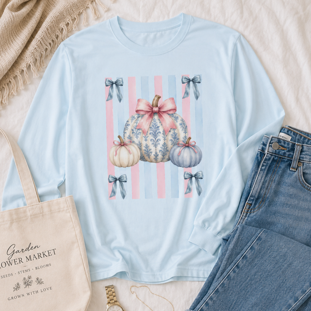 Preppy  Ribbon and  Pumpkins Long Sleeve Graphic T Shirt