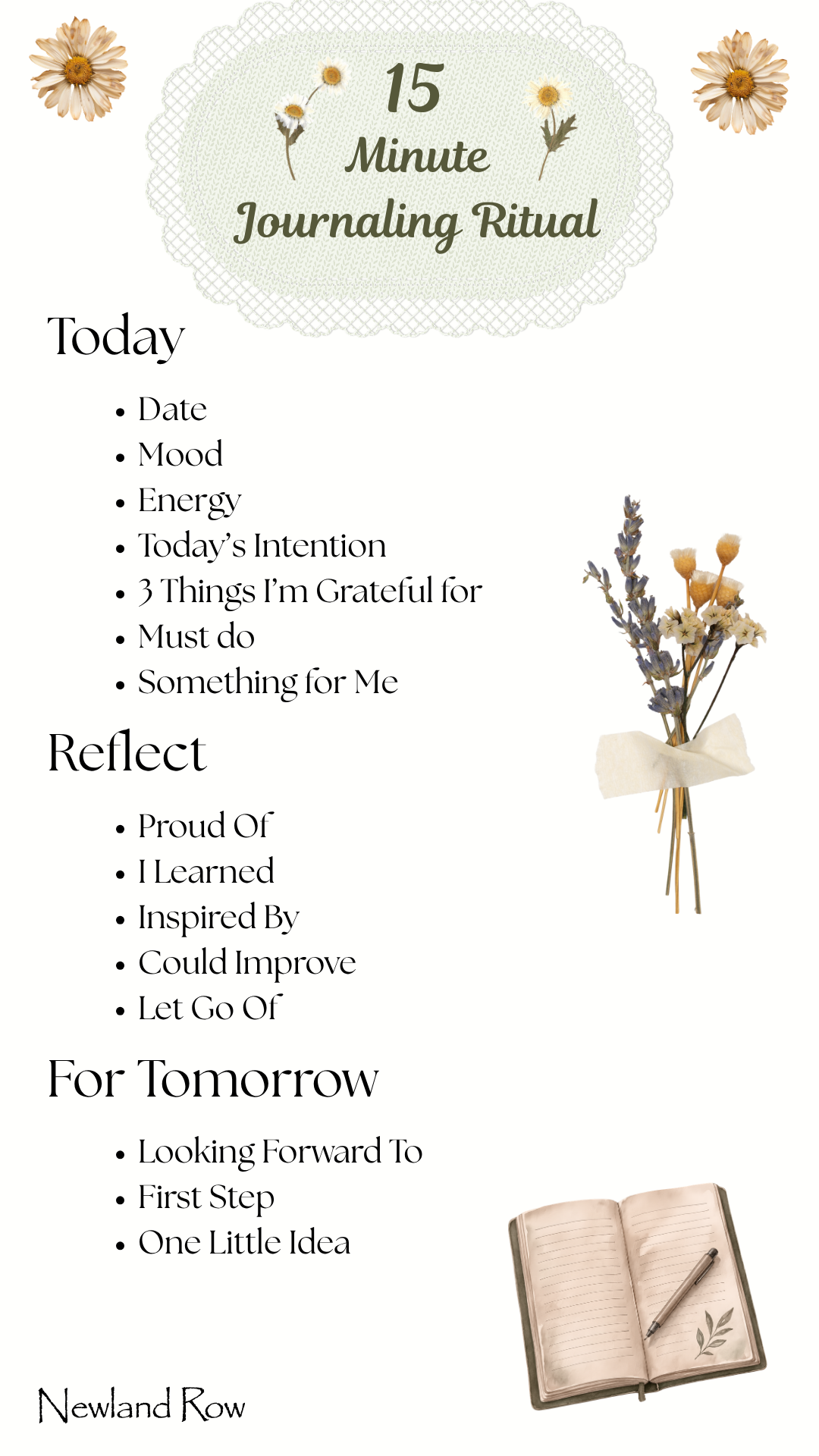 A printable 15-minute journaling ritual worksheet with sections for today, reflection, for tomorrow, and a note of Newland Row. The page is decorated with dried flowers and has a soft, neutral color scheme.