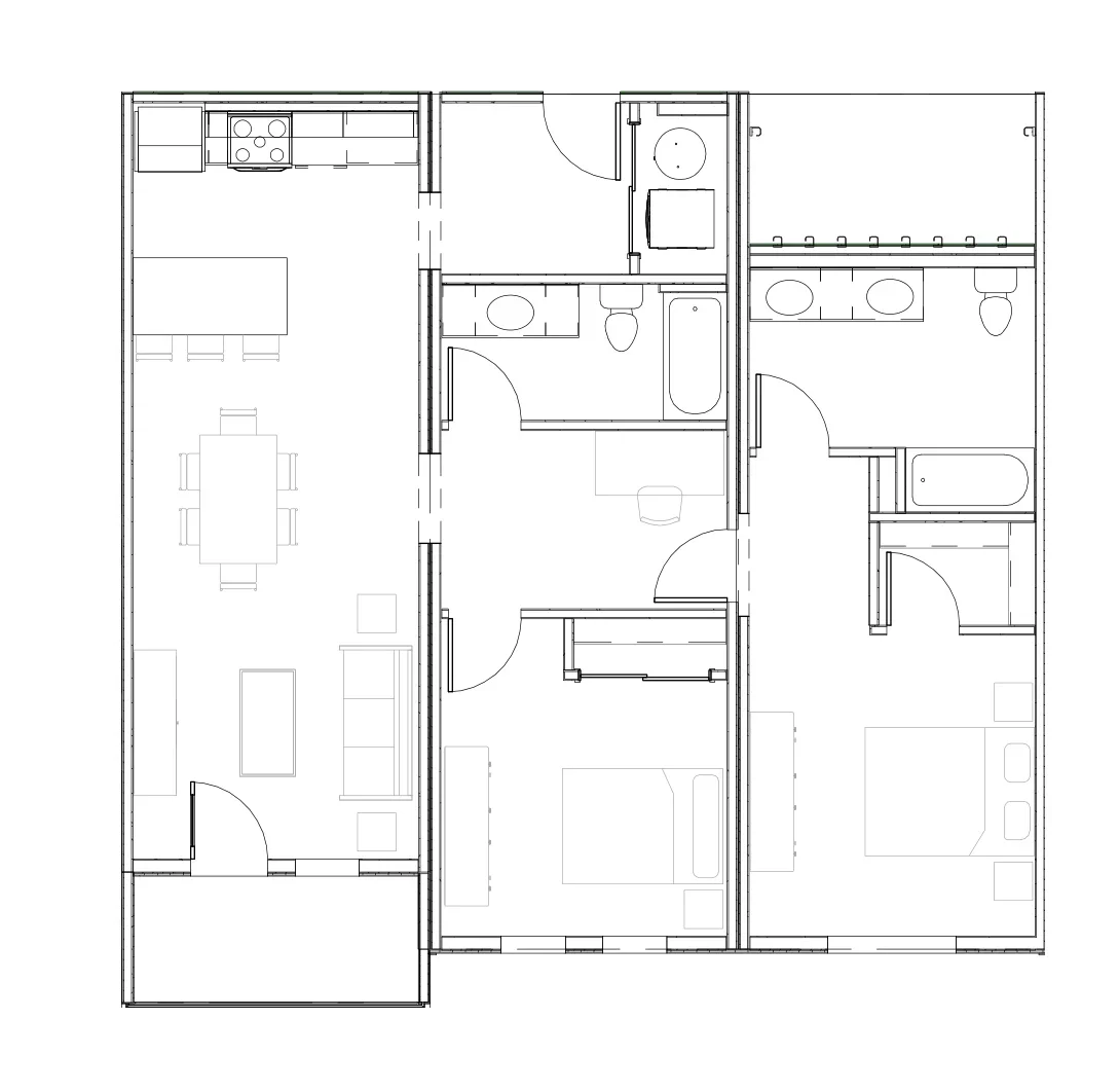 Floor plan of a residential apartment with multiple rooms including kitchen, living room, bedrooms, and bathrooms.