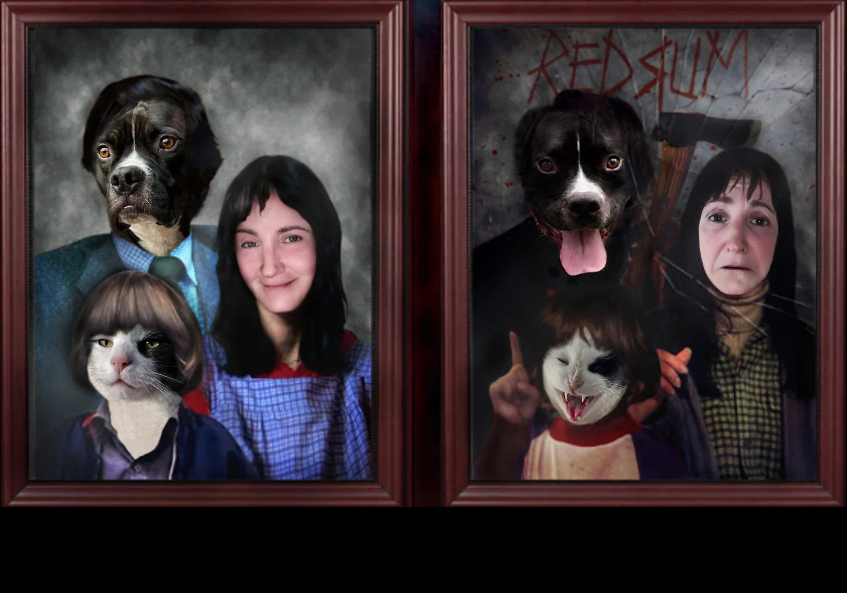 Frank, George and I inspired by the Shining for our Christmas card