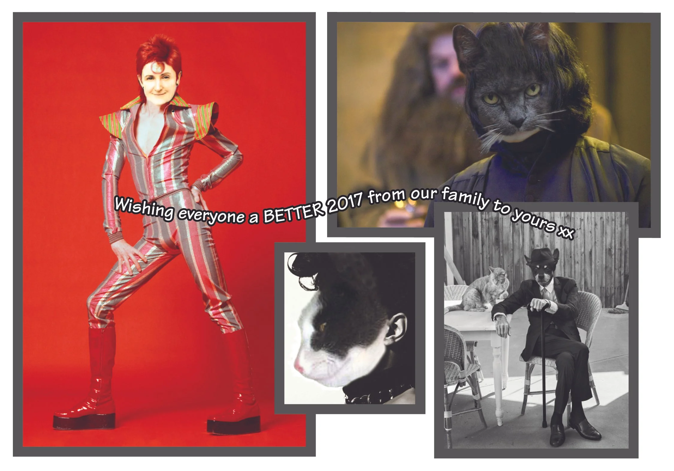 We lost so many icons in 2016 that it felt right to honour them in my Christmas card tradition. Bowie was always my boyfriend, Prince, Alan Rickman, and of course Leonard Cohen were emulated to create our Christmas card 2017