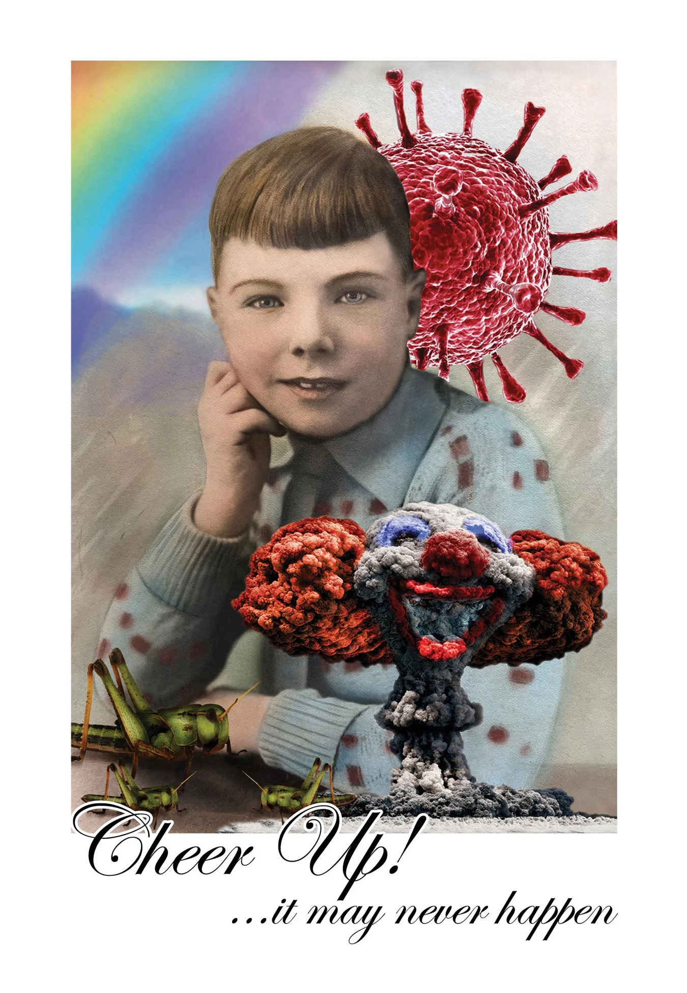 CHRISTMAS CARD - CHEER UP IT MAY NEVER HAPPEN...after all the drama of Covid I needed to inject some humour into our dismal lives.
An antique portrait find layered with symbols of our lives at the time. Covid spore, mushroom cloud, manipulated to res