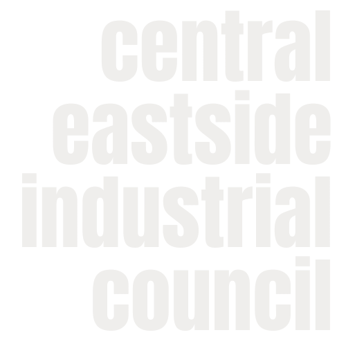 Text reading "central eastside industrial council" in bold white letters on a black background.