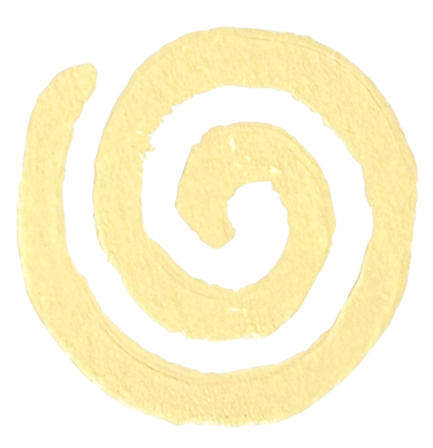 Close-up of a cream-colored spiral-shaped snack, possibly a potato chip, on a yellow background.