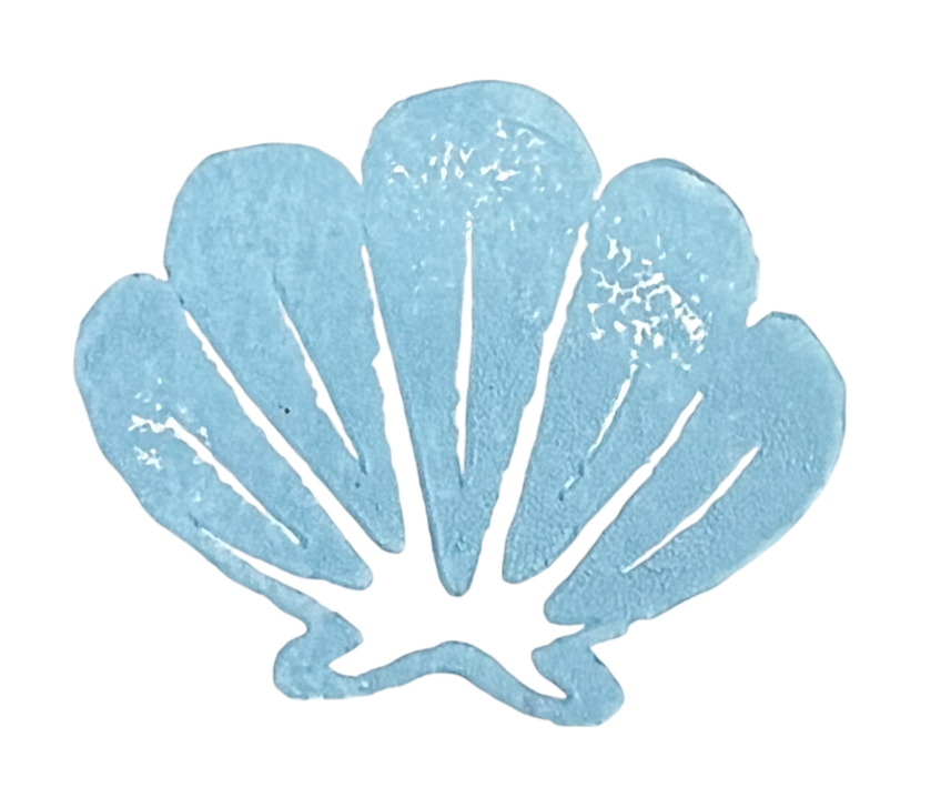 A blue seashell shape. This design is a digital copy of a hand-carved linocut stamp.