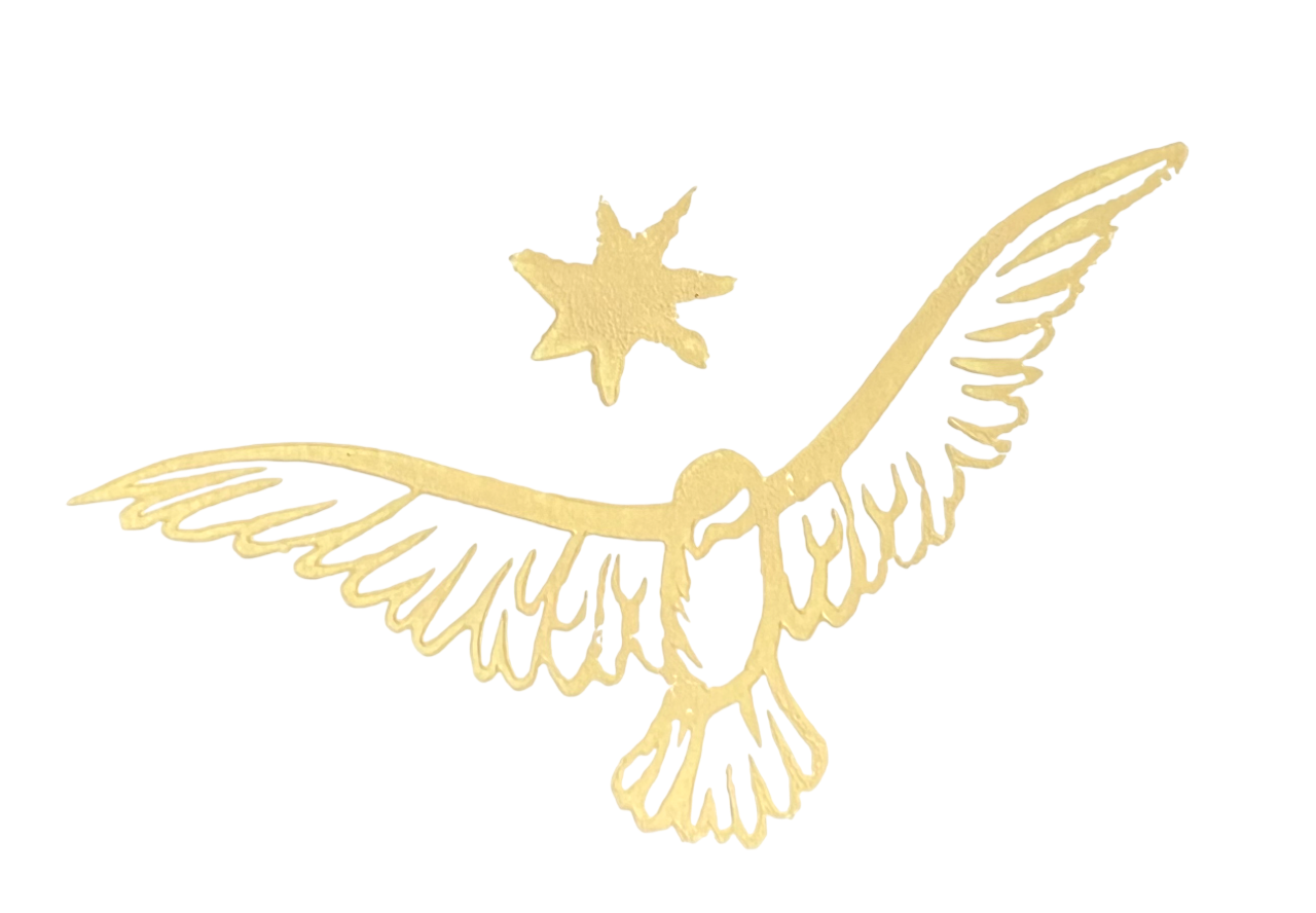 Yellow bird shape with outstretched wings and a star above it. This design is a digital copy of a hand-carved linocut stamp.