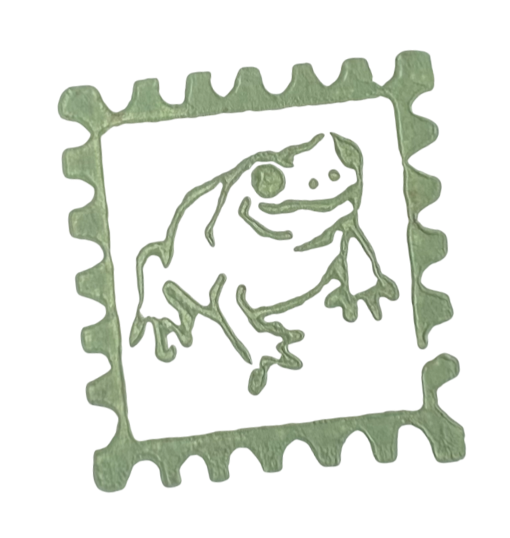 A green stamp-like frame with a square shape, featuring an image of frog. This design is a digital copy of a hand-carved linocut stamp.