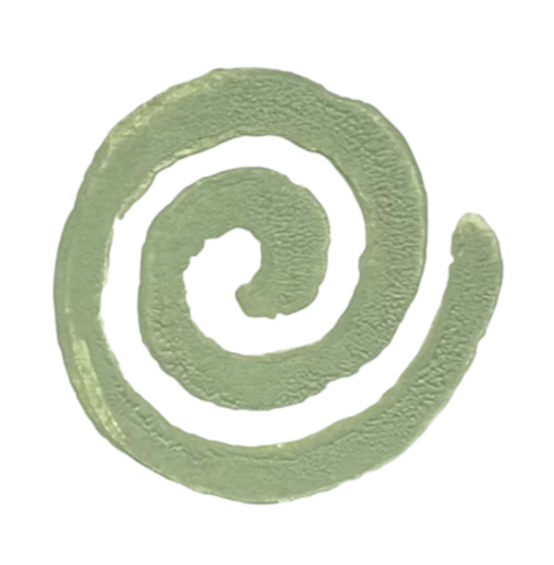 Green spiral-shape. This design is a digital copy of a hand-carved linocut stamp.