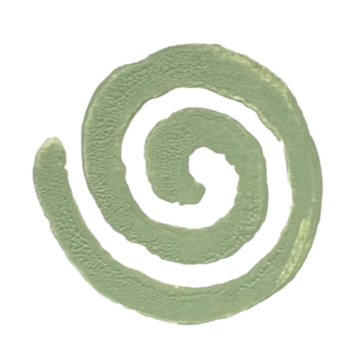 Green spiral-shape. This design is a digital copy of a hand-carved linocut stamp.