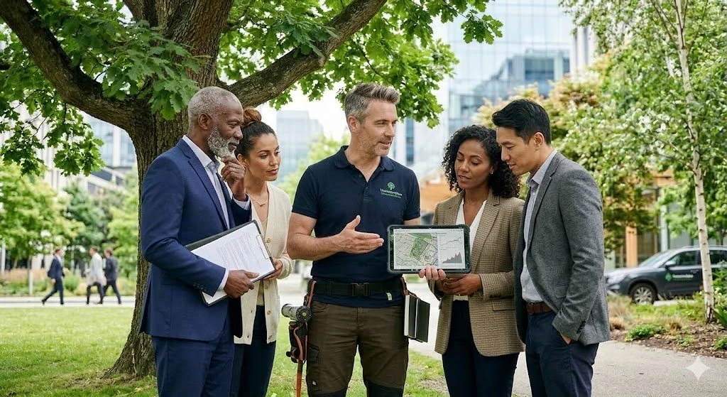 Consultant discussing services with potential clients