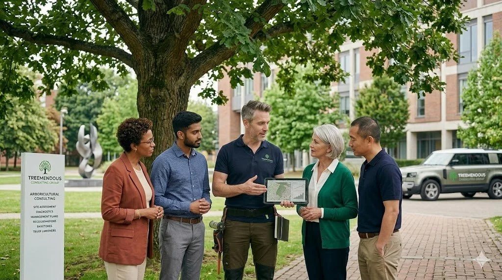 Five people stand outdoors under a tree, having a discussion. One man is holding a tablet, and an older woman is interacting with him. There is a sign and a vehicle in the background.