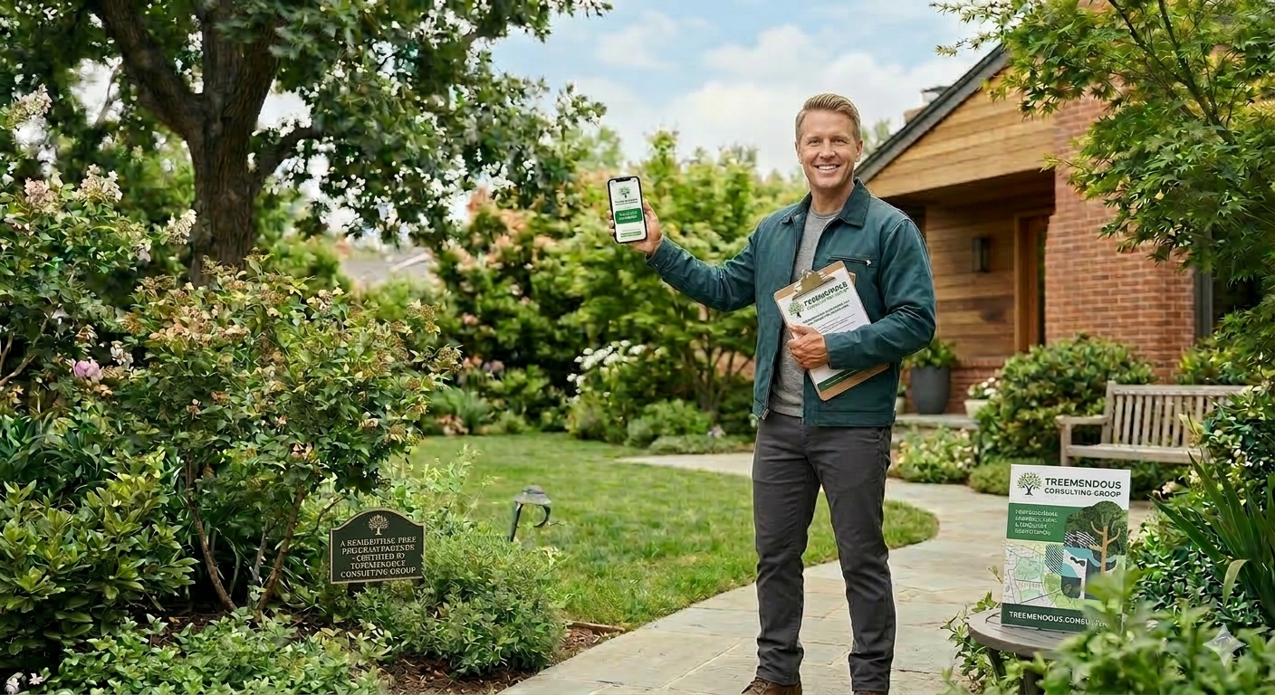Consulting Arborist holding an iPhone with a new contact