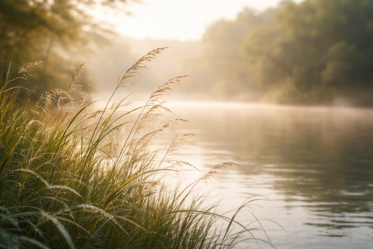 A peaceful scene of tall grass by a misty river at sunrise or sunset. Praxis Seelesein Ins Kanton Bern Seeland