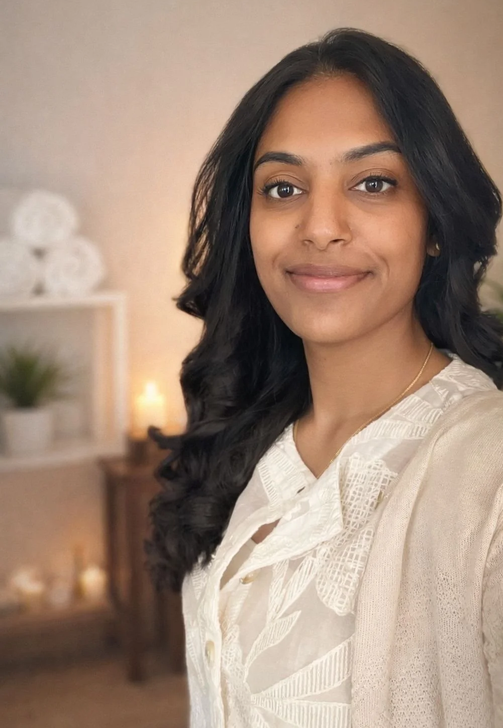 A woman with long black wavy hair, wearing a light-colored lace blouse, smiling in a softly lit room with blurred background decor. Salo Stettler Sathiyarasan Seelesein Ins, Seeland Kanton Bern