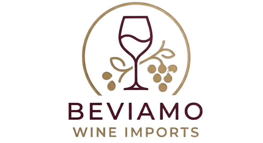 Logo for BEVIAMO WINE IMPORTS featuring a stylized wine glass with grapes and branches.