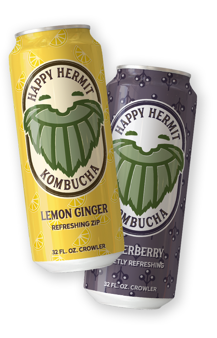Two 32 fl oz cans of Happy Hermit Kombucha, one lemon ginger flavor and one blueberry flavor, with colorful labels and branding.