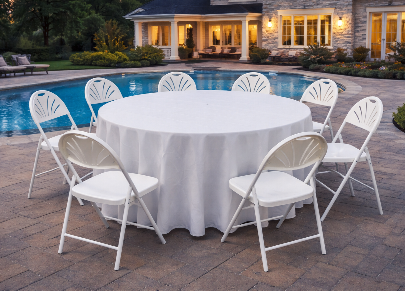 Round table with white tablecloth and eight white folding chairs set in Monroe NC.