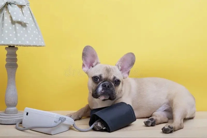 A French Bulldog lying on a wooden surface with a blood pressure cuff around one paw, connected to a blood pressure monitor, against a yellow background with a table lamp to the left.