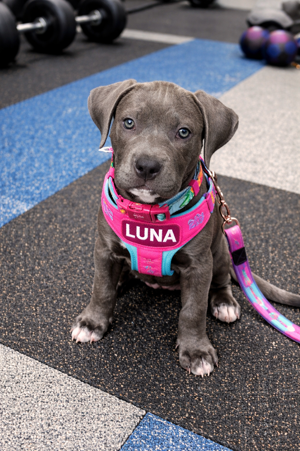 A cute gray puppy with blue eyes sitting on a black and gray speckled rubber gym floor. The puppy is wearing a pink harness with the name "LUNA" and a colorful collar. In the background, there are black dumbbells and purple and blue medicine balls in a gym setting.