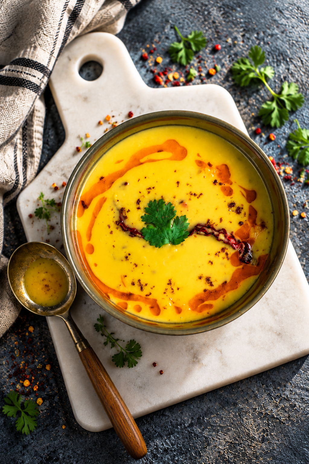 A bowl of Indian butter chicken with a yellow sauce garnished with cilantro, red chili flakes, and oil, placed on a white marble cutting board with scattered cilantro leaves and peppercorns.