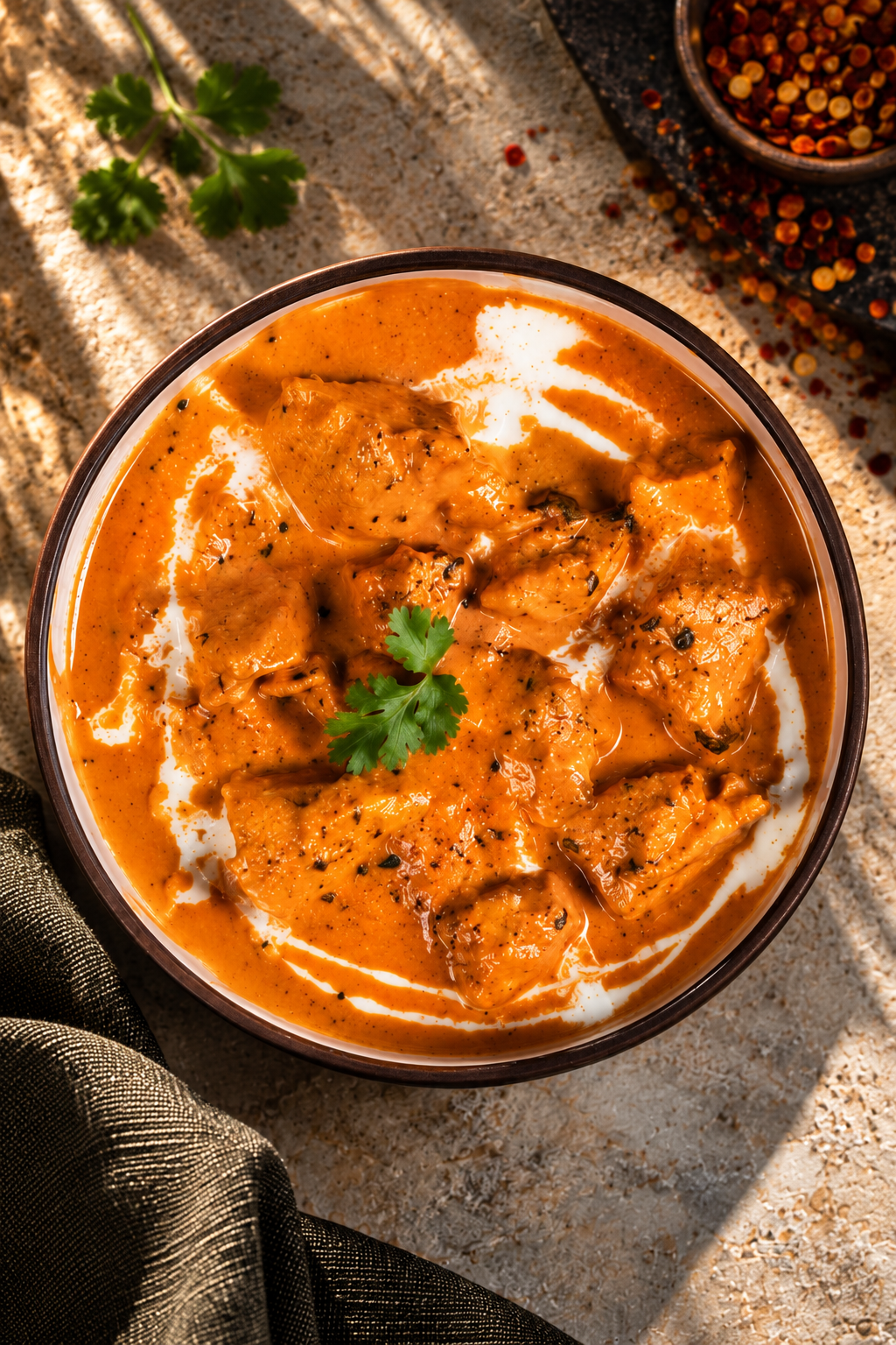 A bowl of Indian chicken curry garnished with cilantro, served with cream drizzle.