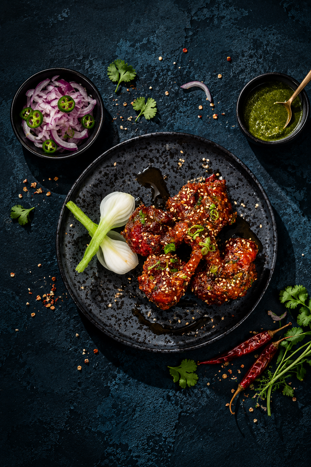 Slices of spicy Asian chicken wings garnished with sesame seeds and chopped green onions on a black plate, served with a side of green sauce, sliced red onions, fresh garlic, cilantro, and dried red chili peppers.