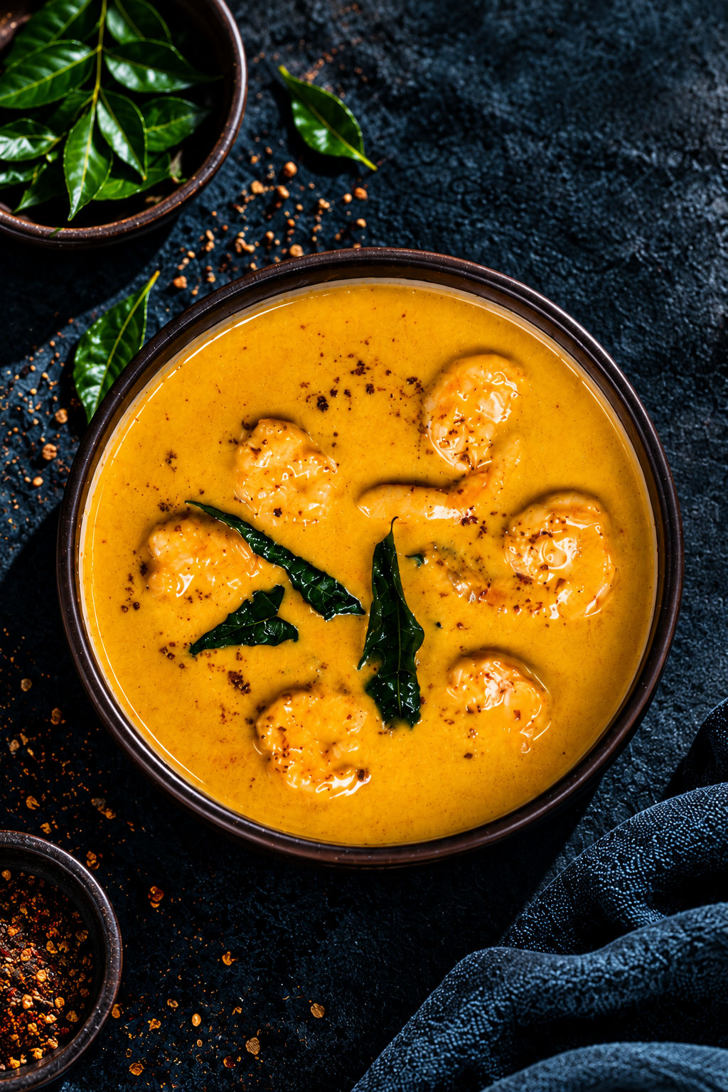 A bowl of yellow curry with shrimp garnished with green curry leaves, on a dark textured surface with scattered spices and additional leaves nearby.