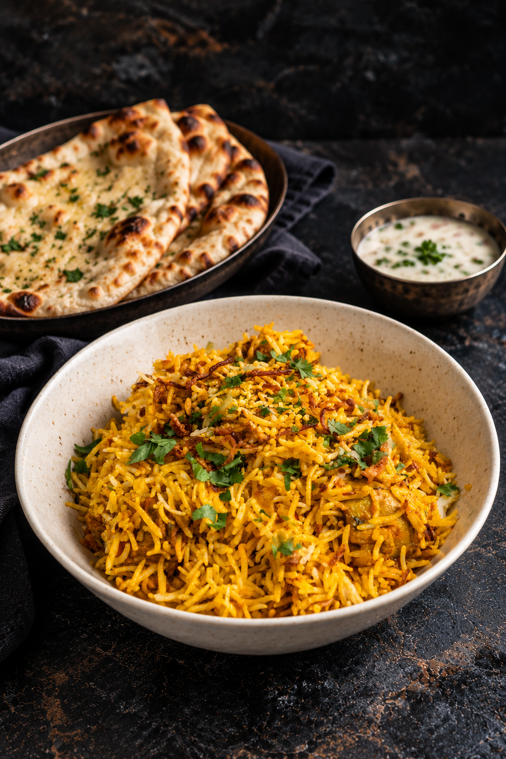 A bowl of yellow rice garnished with herbs, a basket of naan bread garnished with herbs, and a bowl of raita with herbs on top, on a dark surface.