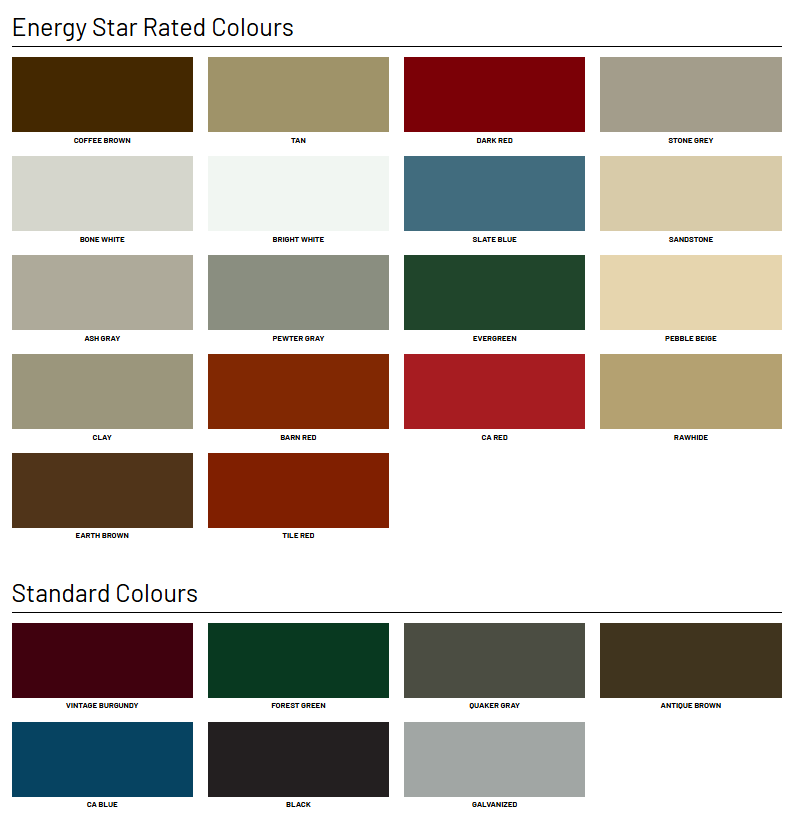 A chart displaying energy star rated colors and their corresponding shades, including coffee brown, tan, dark red, stone grey, bone white, bright white, slate blue, sandstone, ash gray, pewter gray, evergreen, pebble beige, clay, barn red, C A red, rawhide, earth brown, tile red, and standard colors like vintage burgundy, forest green, quaker gray, antique brown, C A blue, black, and galvanized.