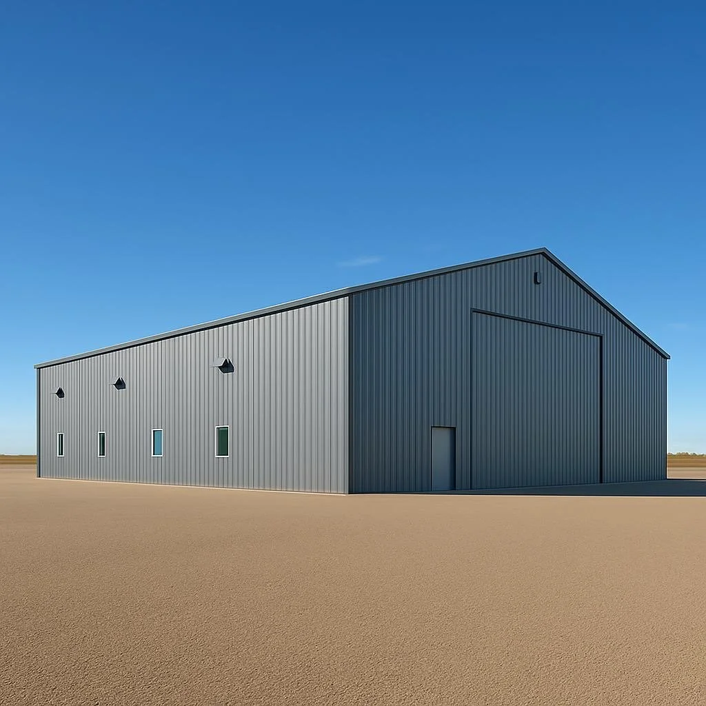 A large gray metal building with a gable roof, small windows, and a small door, situated on a flat dirt area with a clear blue sky overhead.