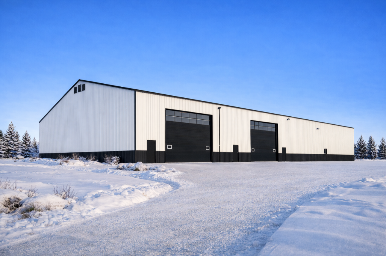 Large white and black warehouse building in snowy landscape with a clear blue sky.