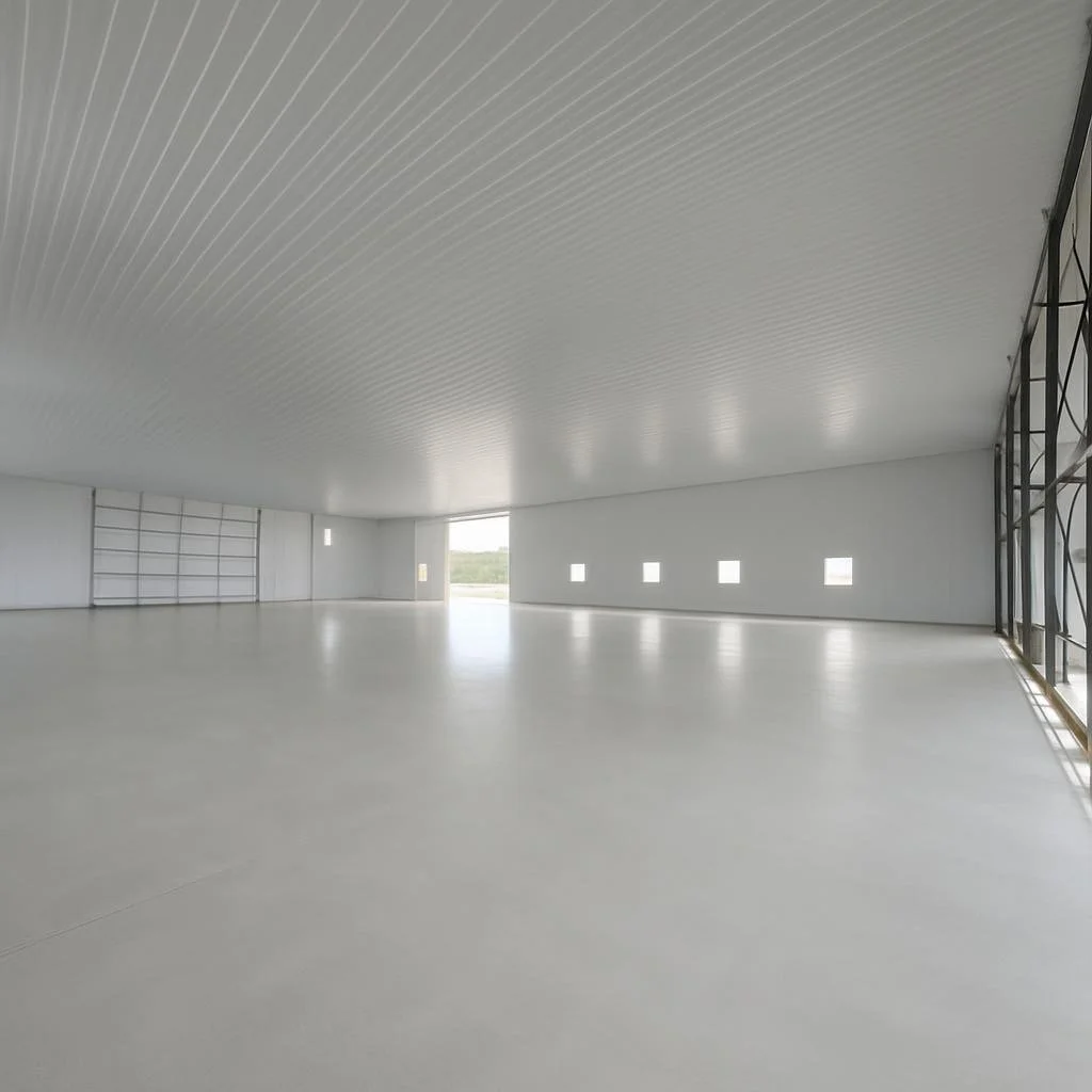 Empty interior space with a white ceiling, white walls, and small square windows along one wall, with large glass panels on another wall.