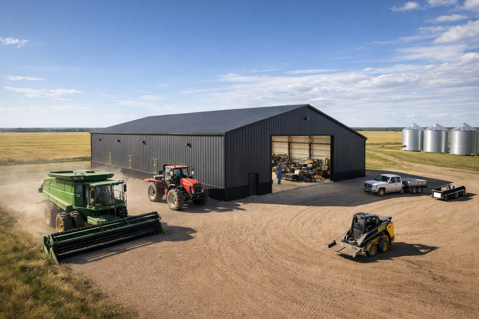 Large farm equipment and vehicles parked outside a black metal barn on a farm with grain silos in the background and open sky.