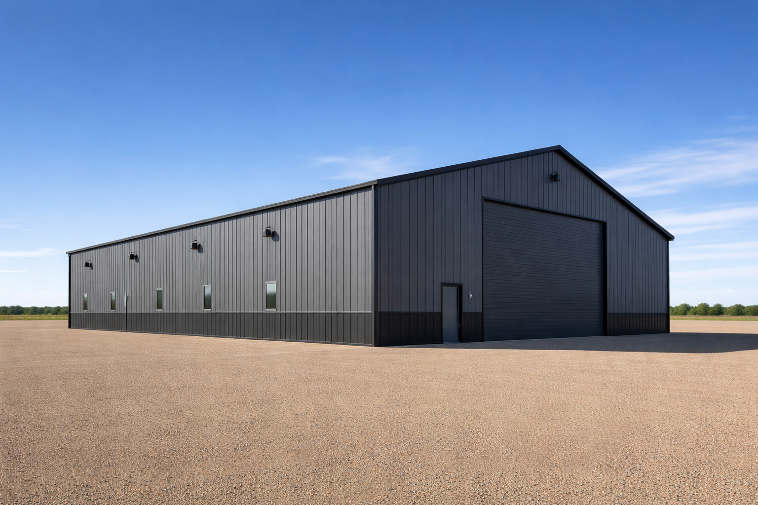 A large black metal industrial warehouse with a rolling door on a gravel lot under a blue sky.