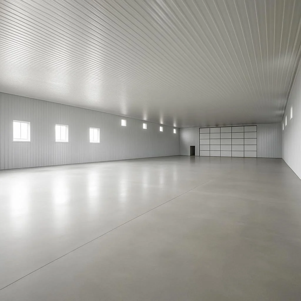 Empty white warehouse with small square windows and a large garage door at the far end.