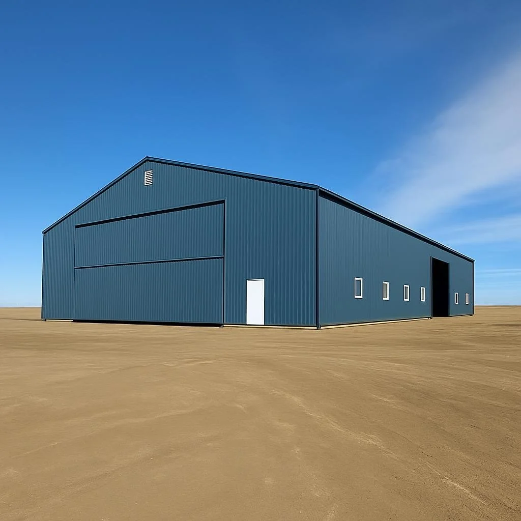 A large blue metal warehouse building on a sandy ground under a blue sky with some thin clouds.