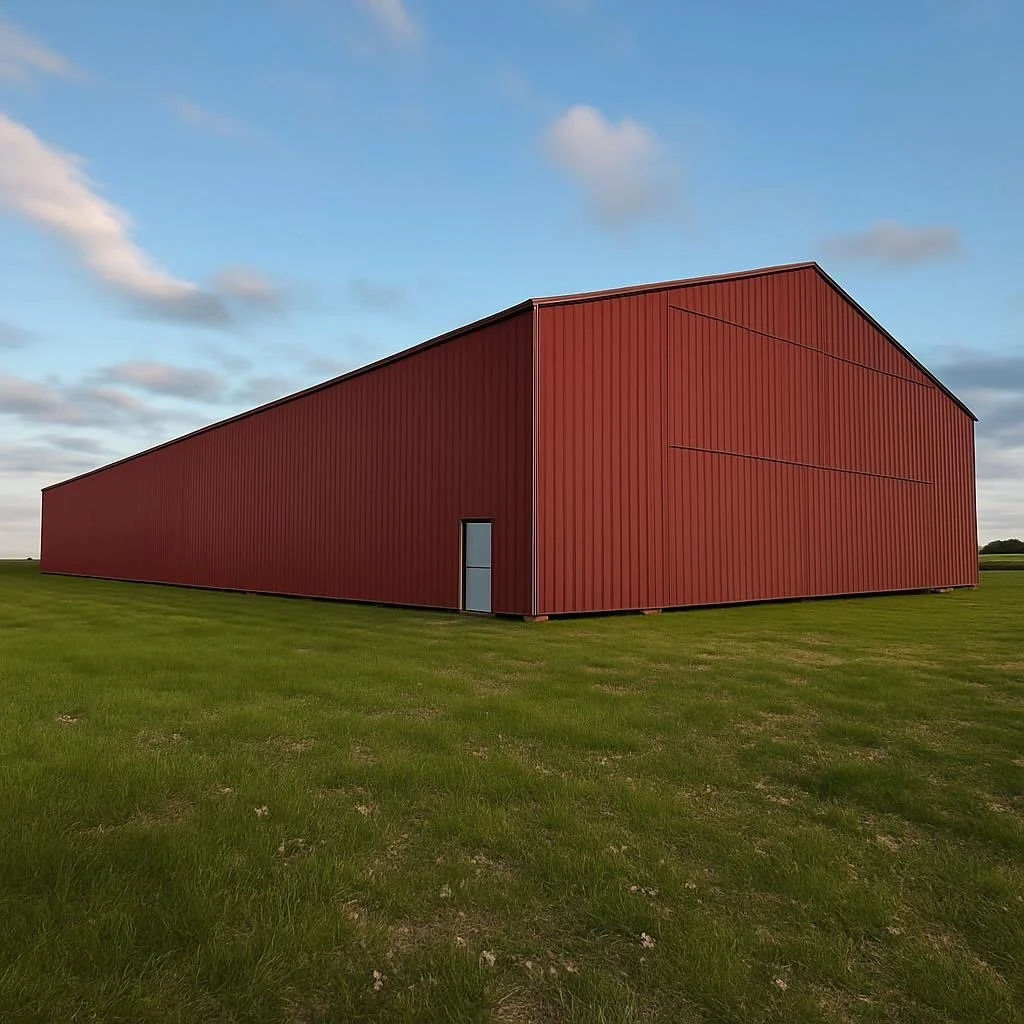 A large red barn with a metal exterior sits on a green grassy field under a partly cloudy sky.