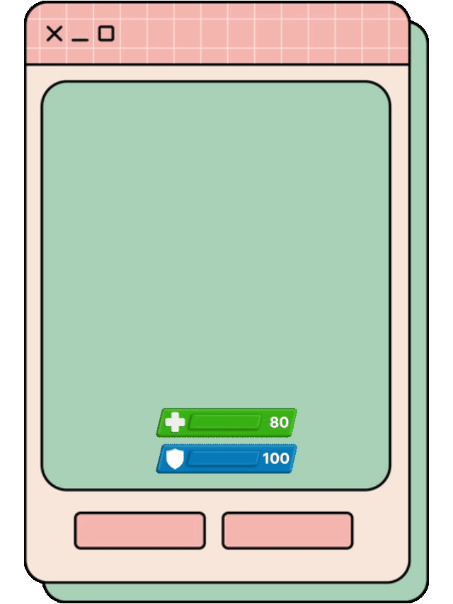 Illustration of a video game interface with a pink and green border, showing health and shield bars at the bottom and moving text reading "Level up your electronics adventure."
