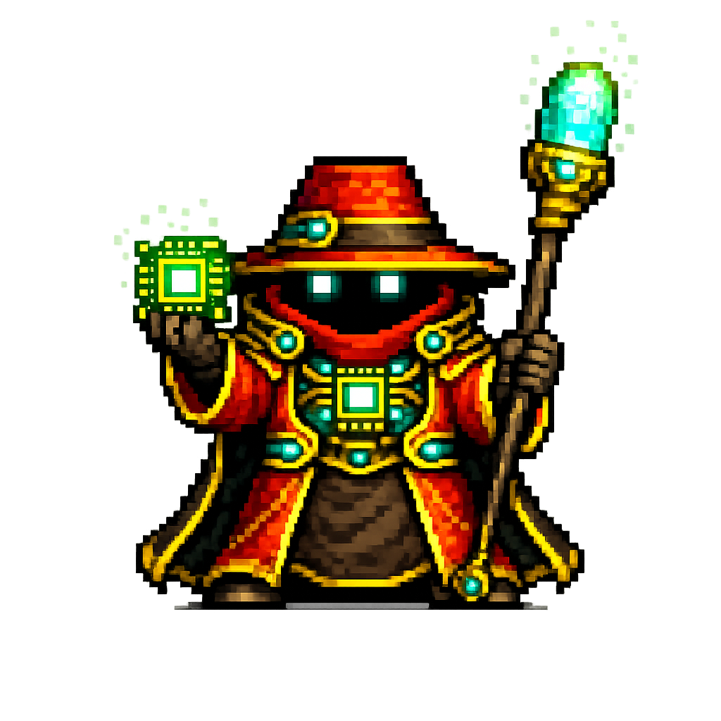 Pixel art wizard character holding a glowing staff and a high-tech device, dressed in red and gold robes holding a small glowing circuit.