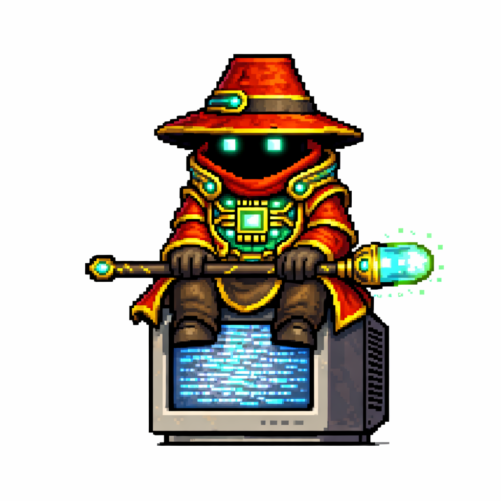 Pixel art wizard in a red robe and wide-brimmed hat with glowing eyes, sitting on a vintage computer monitor, holding a staff with a glowing green tip.