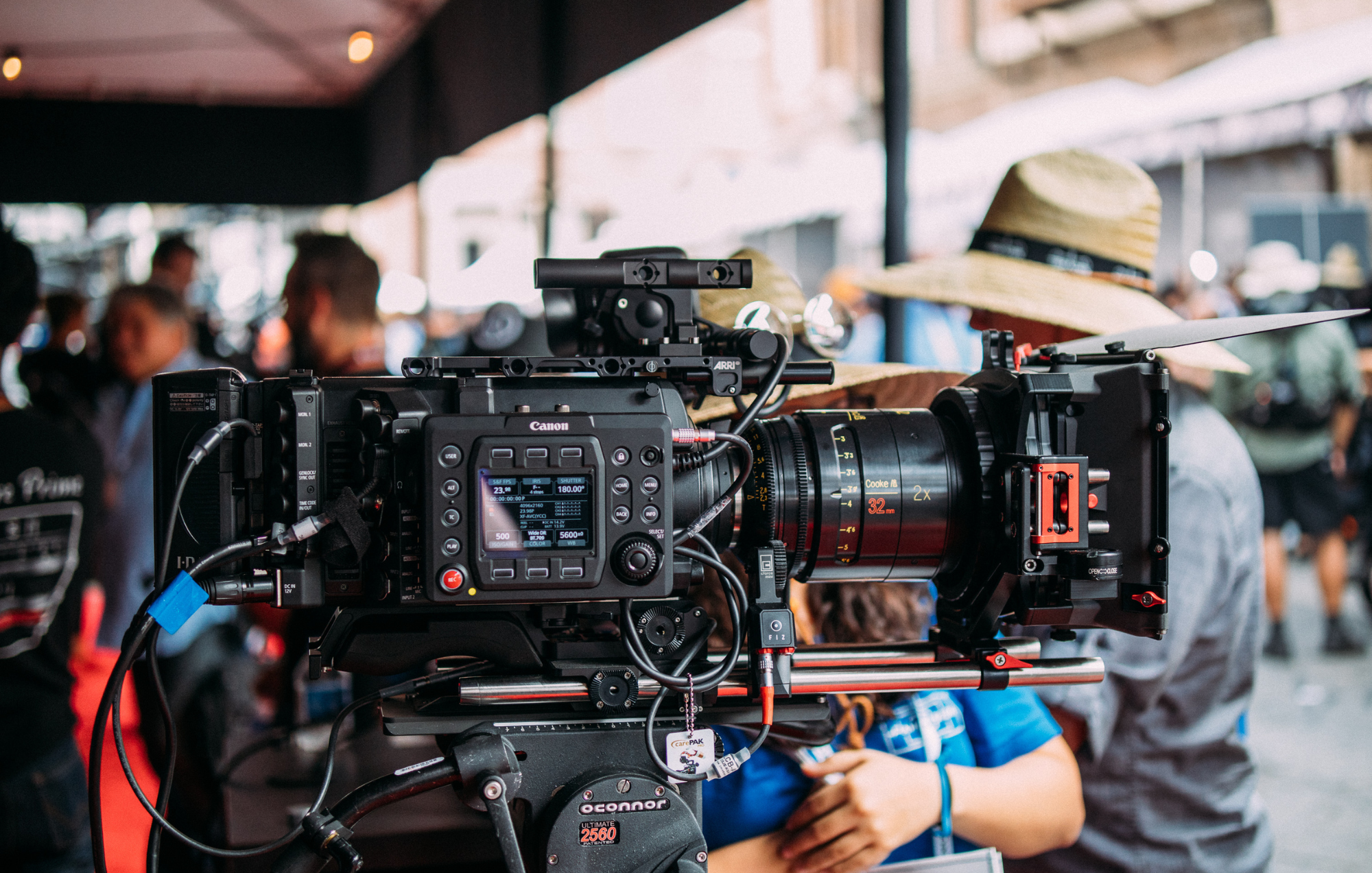A professional camera on a tripod with a crowd in the background, some people wearing wide-brimmed hats, at an outdoor event or filming location.