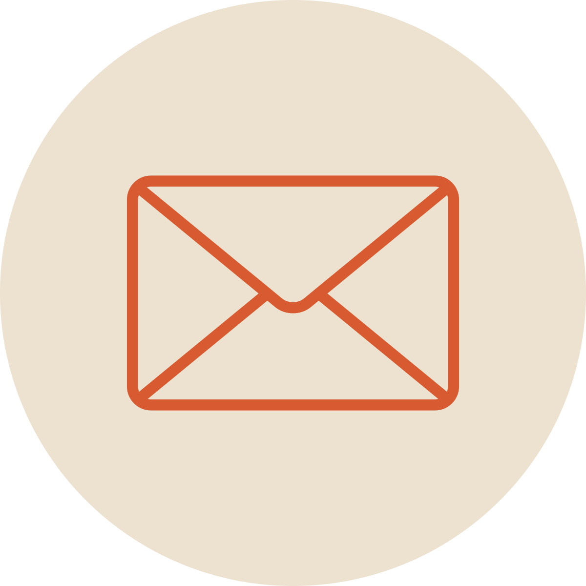 Envelope icon in brown on a beige circular background.