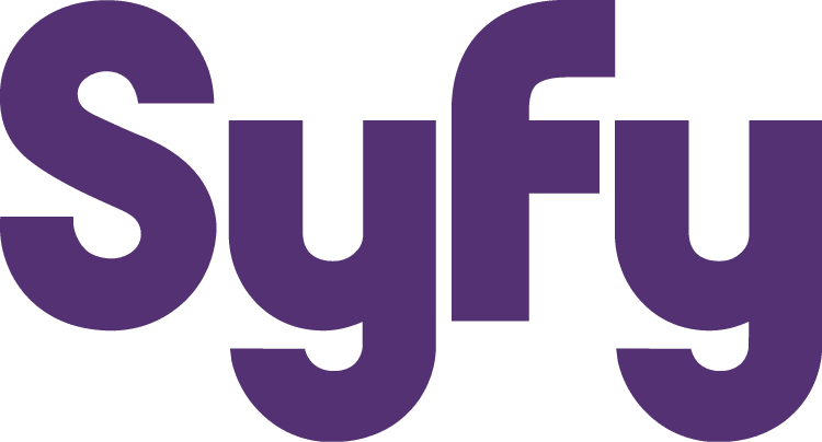 Close-up of the word 'Syfy' in large purple letters on a black background.